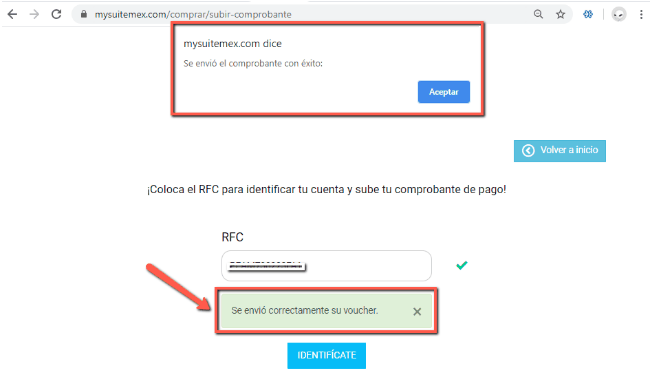Confirmación de envío exitoso del comprobante de pago