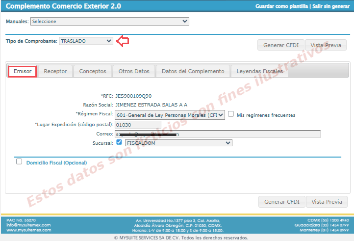 Pestaña Emisor - Tipo de Comprobante Traslado