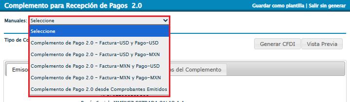 Opciones de monedas Complemento de Pago